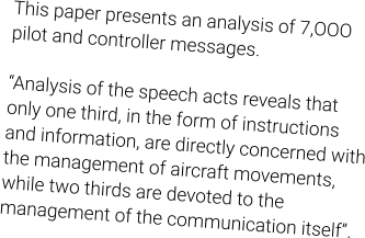 This paper presents an analysis of 7,OOO pilot and controller messages.  “Analysis of the speech acts reveals that only one third, in the form of instructions and information, are directly concerned with the management of aircraft movements, while two thirds are devoted to the management of the communication itself”.